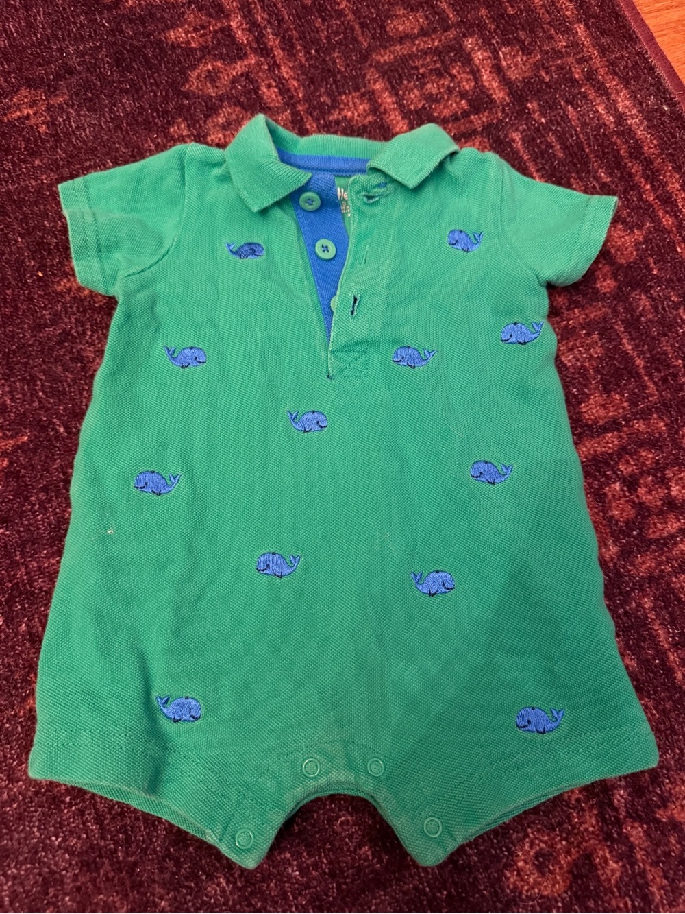 Little Me Infant Green Polo Romper with Blue Whale Embroidery